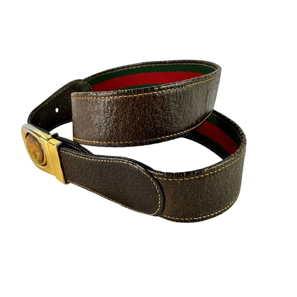 Genuine Vintage GUCCI Reversible Red Green Stripes Brown Leather GG belt 30 main image 11